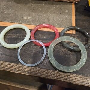 Set of Vintage-Style Jade and Stone Bangles - Green, Red, Gray, White